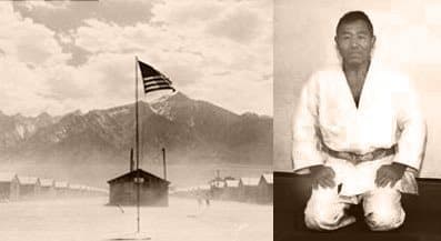 Two archival photographs from the war years — the flag over the Manzanar incarceration camp, and a judoka seated in seiza