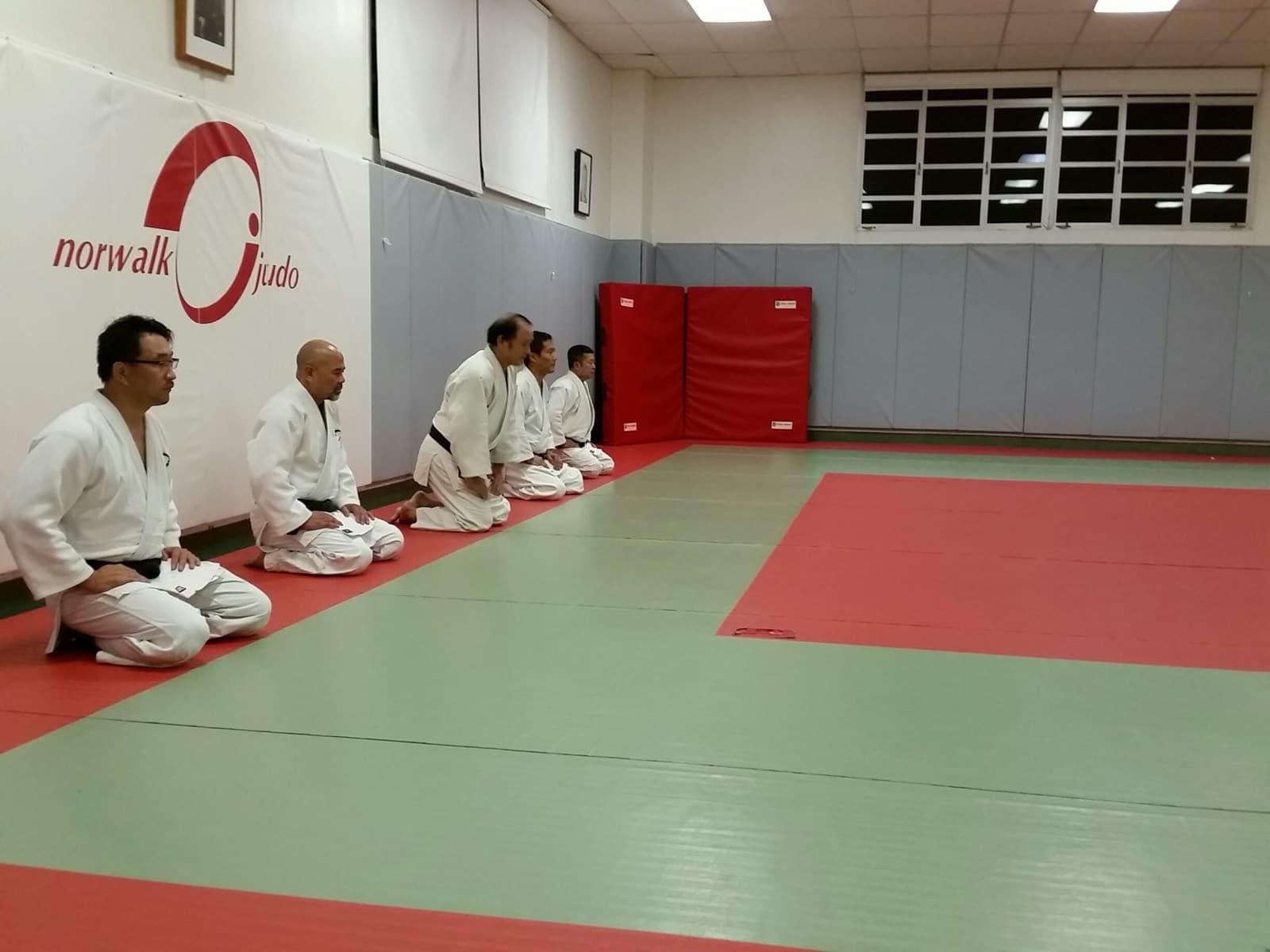 Judo instructors kneeling in a line on the dojo's mats